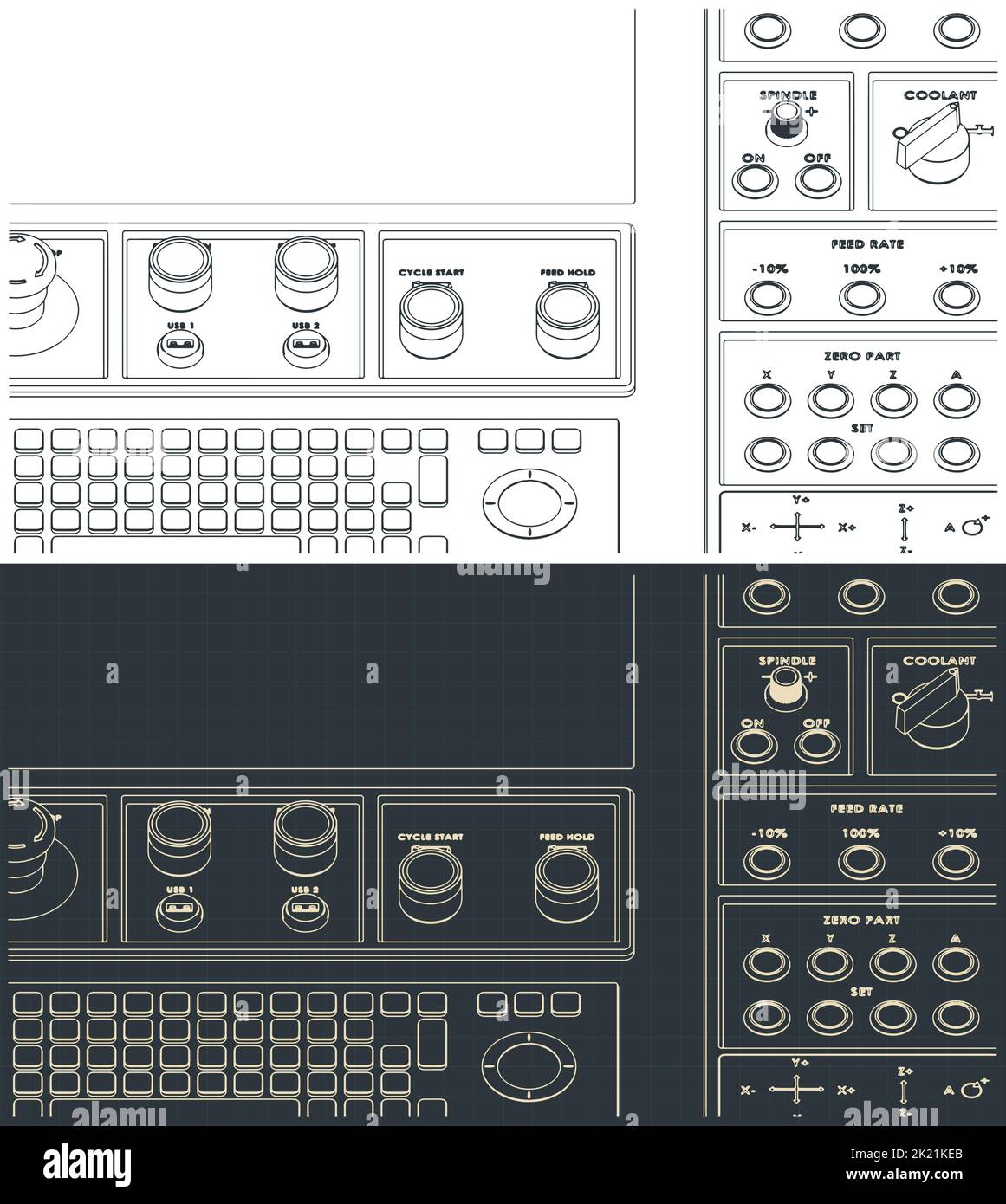 Stilisierte Vektor-Illustrationen von Zeichnungen der CNC-Bedienkonsole aus nächster Nähe Stock Vektor