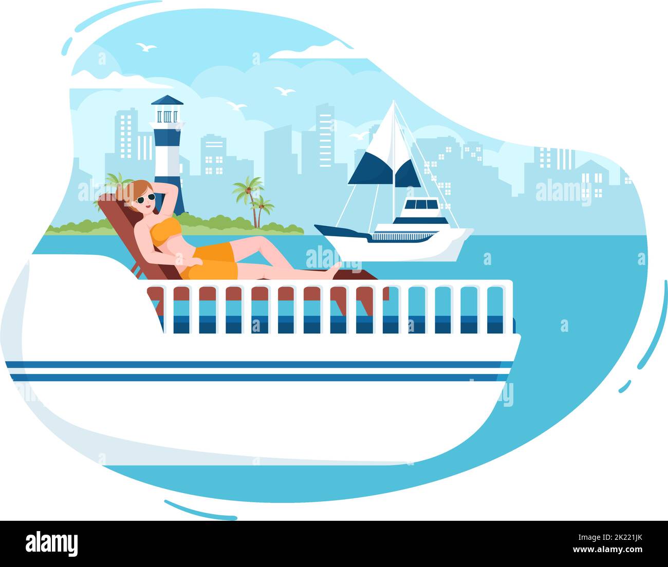 Yachten Vorlage Handgezeichnete Cartoon flache Illustration mit Menschen Tanzen, Sonnenbaden, Cocktails trinken und entspannen auf der Kreuzfahrt-Yacht am Ozean Stock Vektor