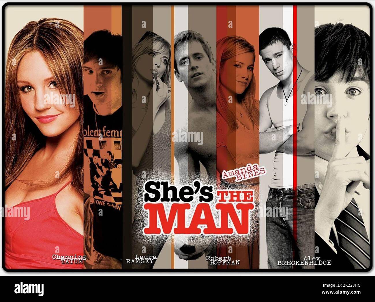 AMANDA BYNES, JAMES KIRK, ALEX BRECKENRIDGE, ROBERT HOFFMAN, LAURA RAMSEY, CHANNING TATUM POSTER, SHE'S THE MAN, 2006 Stockfoto