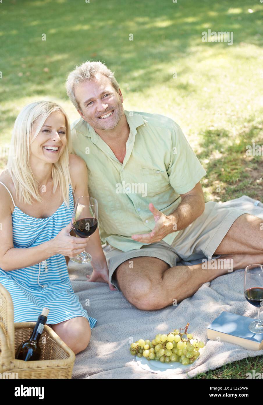 Guter Wein und tolle Gesellschaft. Ein glücklicher Mann und eine glückliche Frau genießen ein Glas Wein, während sie an einem Sommertag ein Picknick im Freien in einem Park machen. Stockfoto