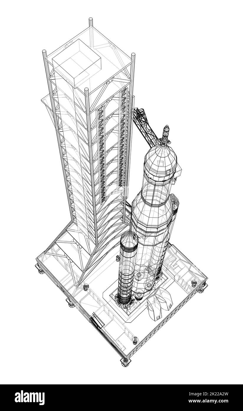 Space Rocket auf der Startrampe. Vektorrendering von 3D Stock Vektor