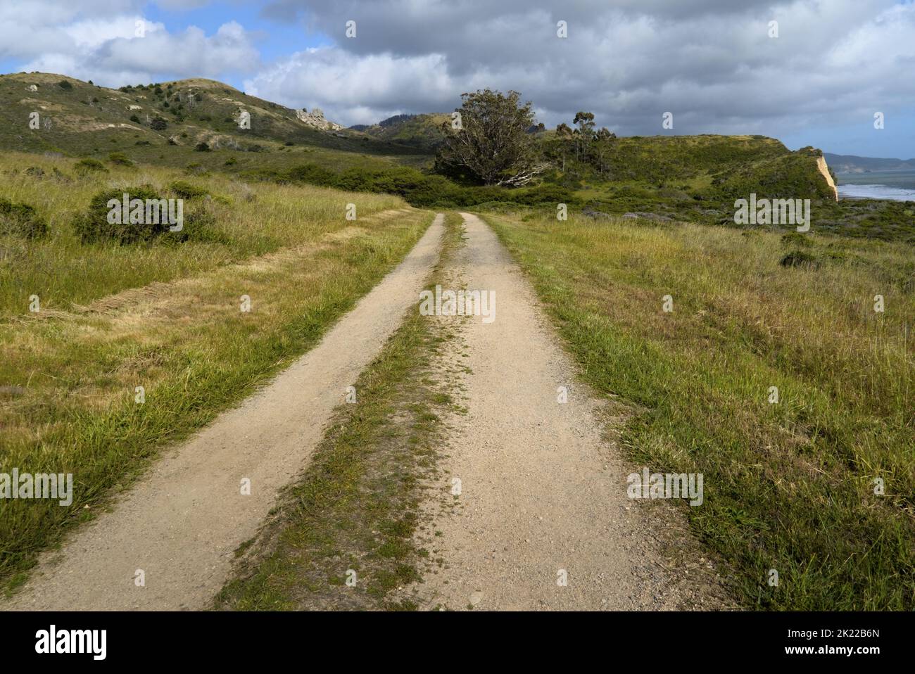Der Wanderweg erstreckt sich bis in die Ferne mit grünem Gras an der Seite und grünem, blauem Himmel in der Ferne. Stockfoto