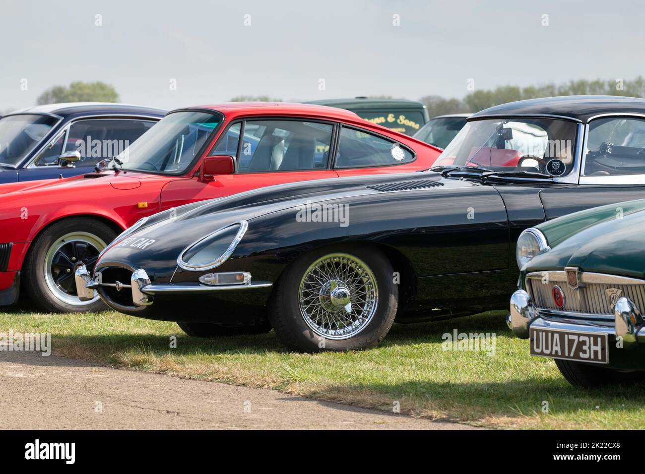 1963 Jaguar E-Typ im Bicester Heritage Centre, sonntagskraxelevent, Oxfordshire, England Stockfoto
