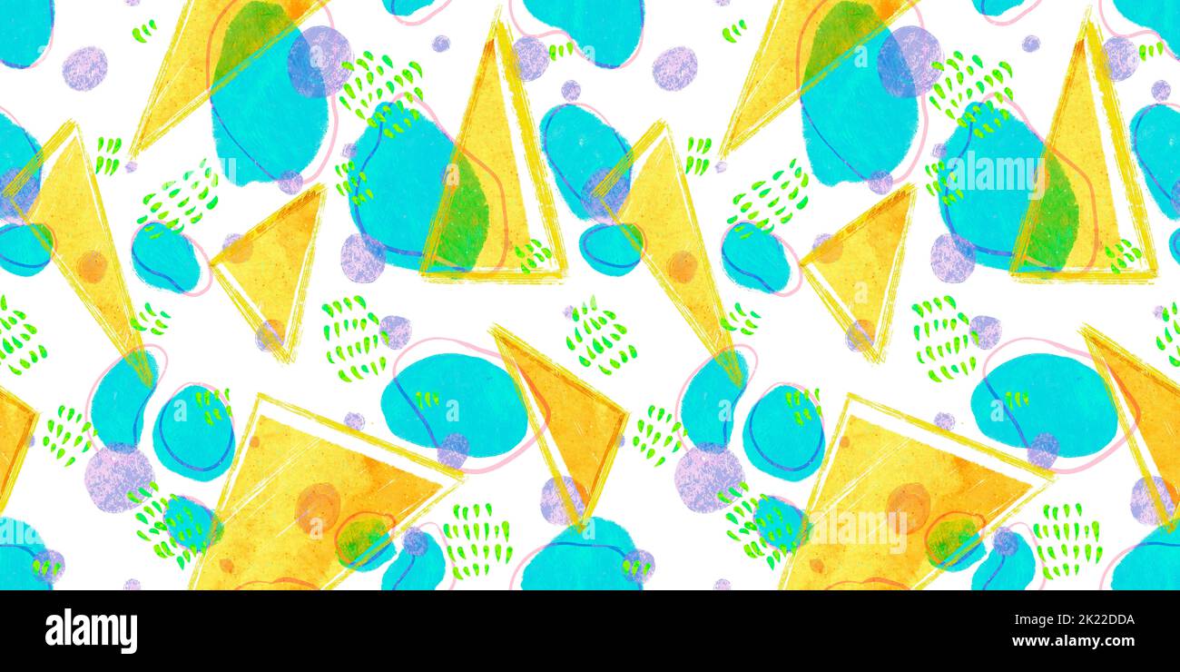 Nahtlose Retro 80s und 90s abstrakte geometrische Kreise, Dreiecke, Squiggles und Punkte Memphis Doodles Muster. Trendige Tileab-Tile in Blau und Gelb in Summertime Stockfoto