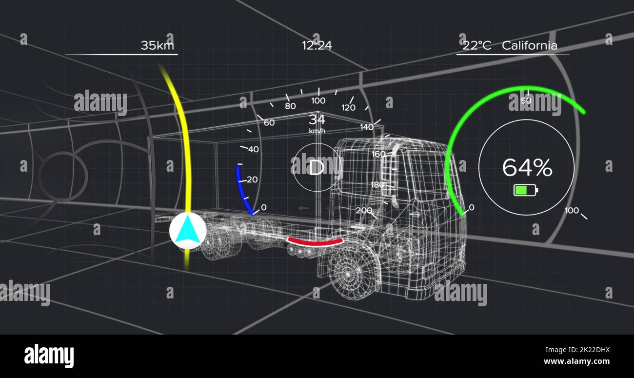 Bild von 3D Auto-Modell und Gitter über dunklem Hintergrund Stockfoto