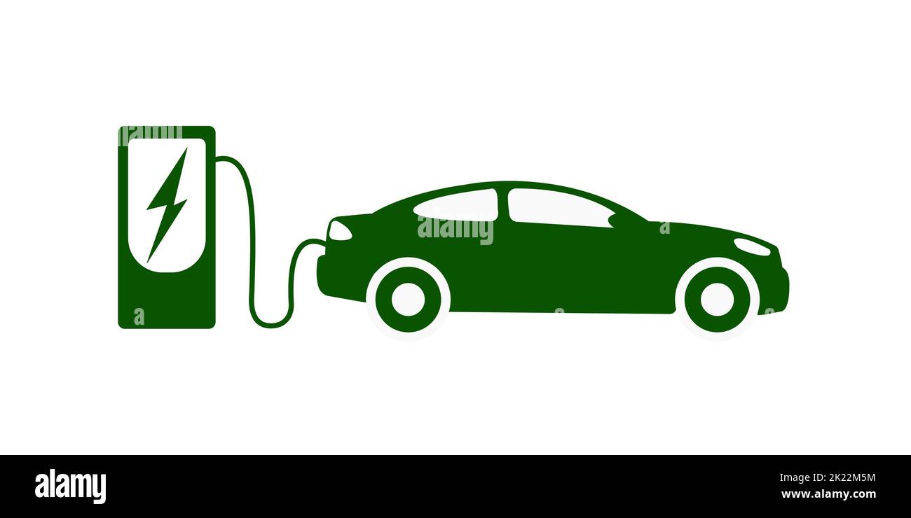 Elektroauto an der Ladestation. Piktogramm für grüne Vektorsymbole. Stock Vektor