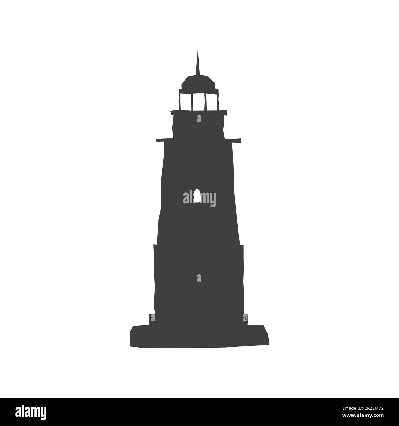 Vektor-isolierte Illustration in flacher Form. Dunkelgrauer einsamer Leuchtturm ist auf der Insel. Minimalistisches geometrisches Design. Schwarze Silhouette des Gebäudes für Stock Vektor