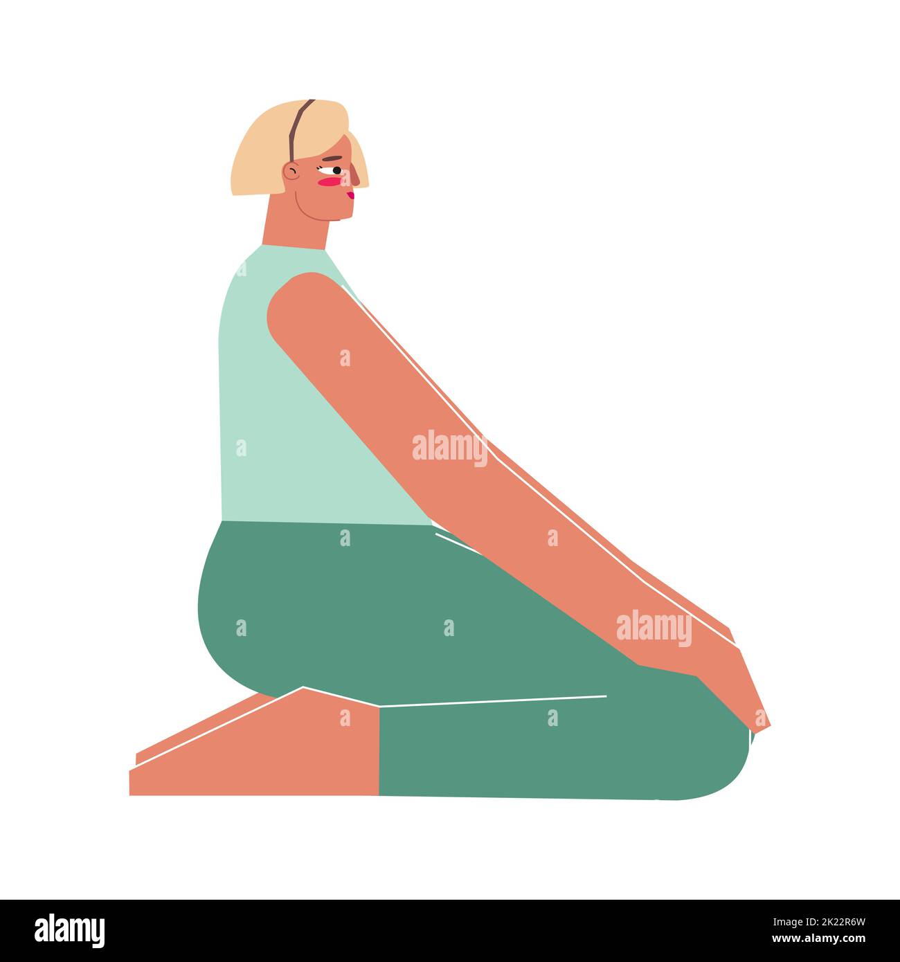 Vektor-isolierte Illustration mit flachem weiblichen Charakter. Starke Frau lernt sitzende Haltung Virasana bei Yoga-Klasse. Fitness-Übung - Hero Pose Stock Vektor