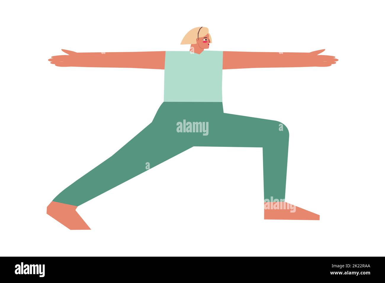 Vektor-isolierte Illustration mit flachem weiblichen Charakter. Sportliche Frau lernt im Yoga-Kurs die Standhaltung Virabhadrasana II. Fitness-Training - Wa Stock Vektor