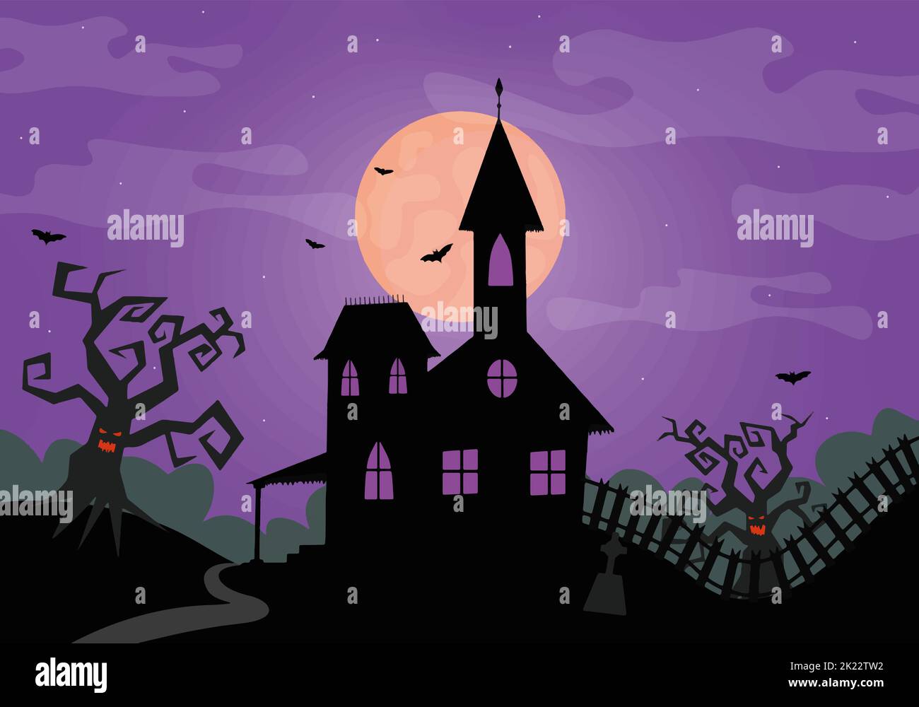 halloween gruseliges dunkles Haus mit gruseligen Bäumen Stock Vektor
