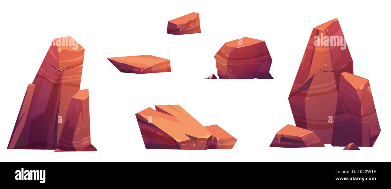 Wüstensteine, Bergsteinklumpen und -Stücke. Natürliche geologische Materialien, Texturen für pc-Spiel Bildung ui-oder gui-Elemente isoliert auf weißem Hintergrund, Cartoon-Vektor-Illustration, Symbole gesetzt Stock Vektor