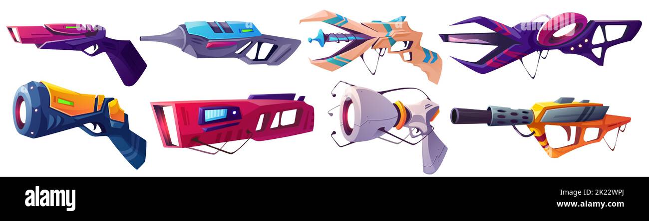 Space Blaster, Laserpistolen, futuristische Alien-Waffen. Vector Cartoon Satz von zukünftigen Waffen, Lazer und Plasma Pistolen. Science-Fiction-Sammlung von kosmischen Waffen isoliert auf weißem Hintergrund Stock Vektor