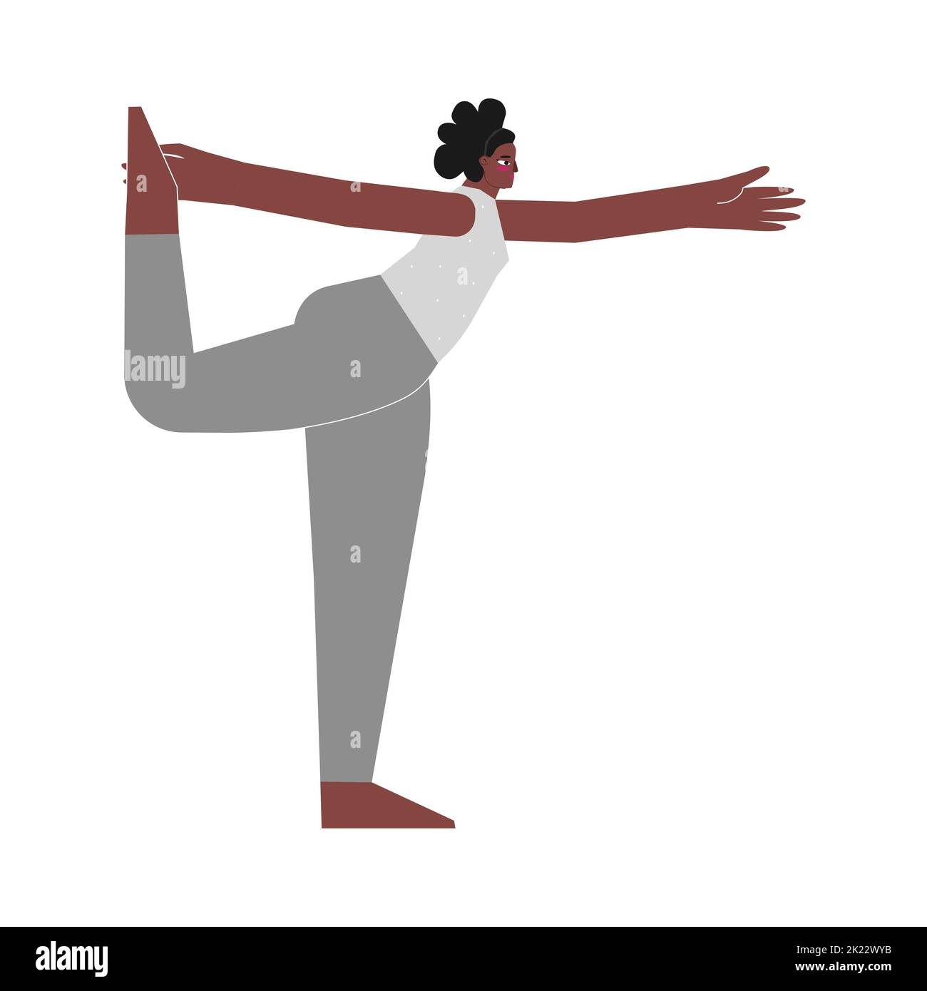 Vektor-Illustration mit flachen weiblichen jungen Charakter. Die sportliche afroamerikanische Frau lernt die Stretching-Haltung und posiert Lord of the Dance bei yog Stock Vektor