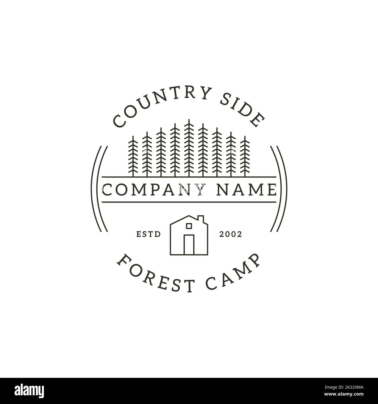 Minimalistischer Umriss Land Wald Camp Logo Design Vektor, traditionelle Gebäude Architektur Vektor Illustrationen Stock Vektor