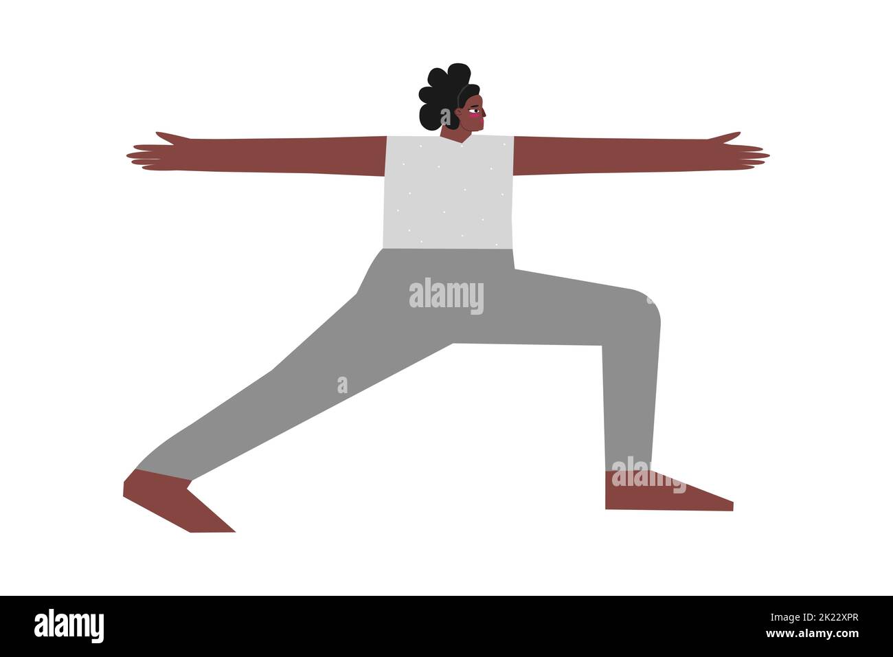 Vektor-isolierte Illustration mit flachem weiblichen Charakter. Die sportliche afroamerikanische Frau lernt beim Yoga-Kurs die Standhaltung Virabhadrasana II. Montage Stock Vektor