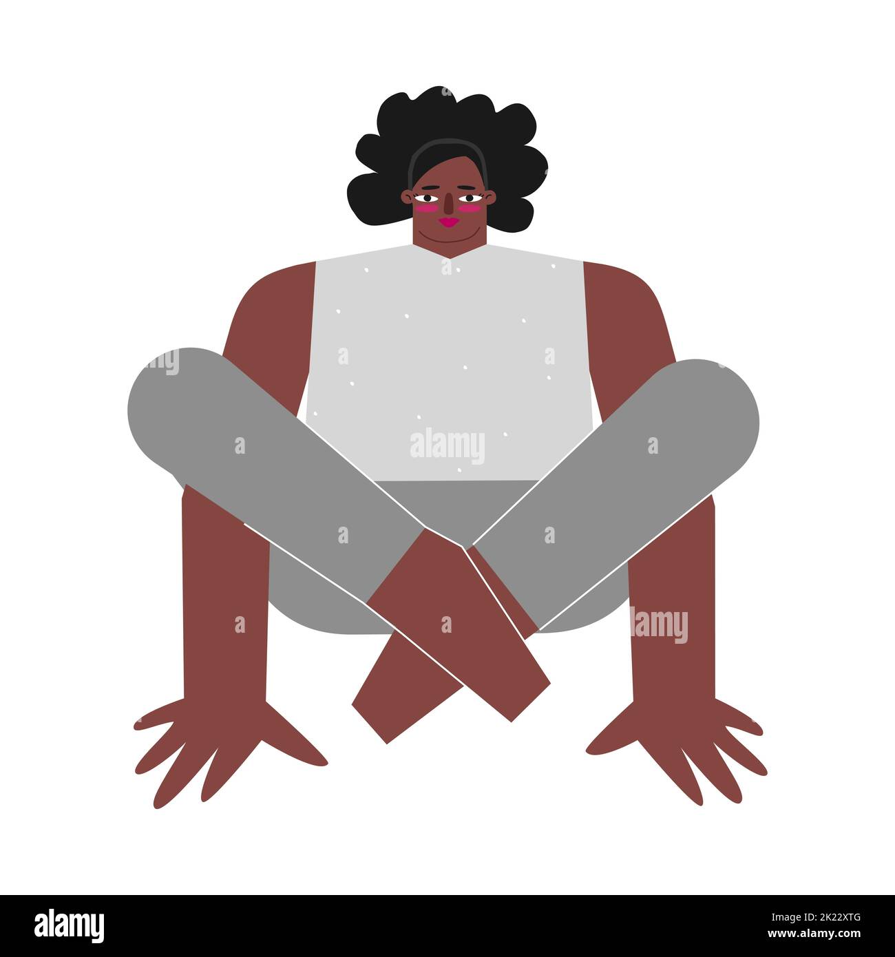 Vektor isoliertes Konzept mit flachem afroamerikanischem Charakter. Starker Körper positive Frau lernt Stretching Haltung und tut Schulter drücken Pose auf Stock Vektor