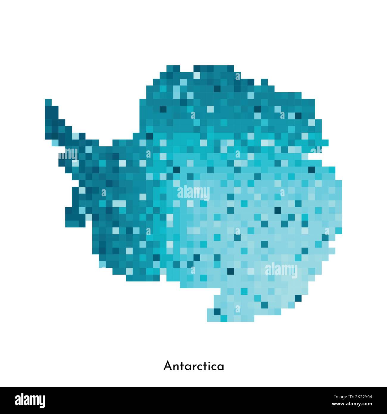 Vektor isolierte geometrische Illustration mit vereinfachter eisblauer Silhouette der Antarktis-Karte. Pixel-Art-Stil für NFT-Vorlage. Gepunktetes Logo mit Gradi Stock Vektor