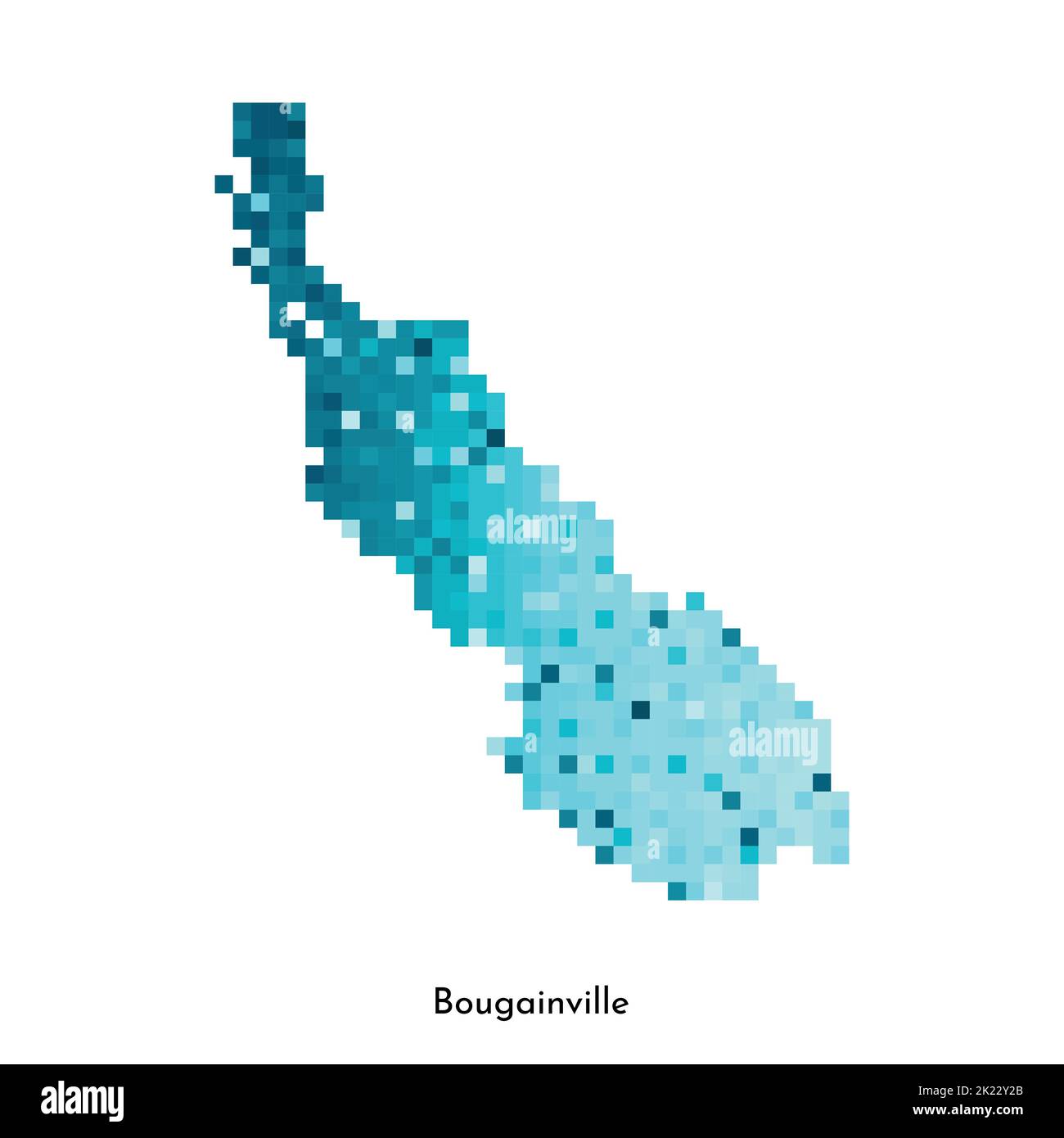 Vektor isolierte geometrische Illustration mit vereinfachter eisblauer Silhouette der Bougainville Karte. Pixel-Art-Stil für NFT-Vorlage. Gepunktetes Logo mit GRA Stock Vektor