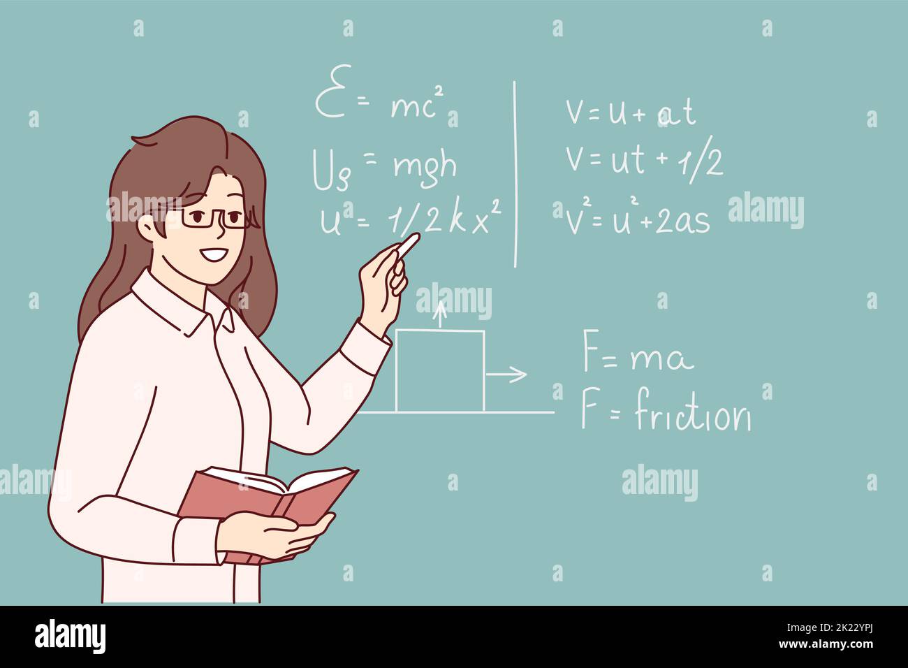 Lächelnde Lehrerin, die in der Nähe der schwarzen Tafel steht und während der Unterrichtsstunde in der Schule spricht. Glückliche Frau Tutor führen Mathe-Klasse für Schüler. Bildung. Vektorgrafik. Stock Vektor