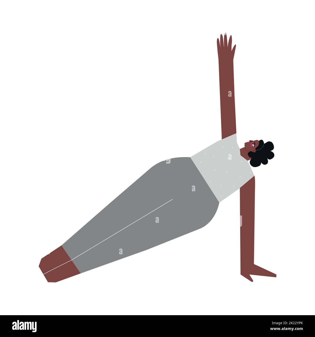 Vektor isoliertes Konzept mit flachem weiblichen Charakter. Eine starke afroamerikanische Frau lernt im Yoga-Kurs die Haltung des Armgleichgewichts Vasisthasana. Fitness-Center Stock Vektor