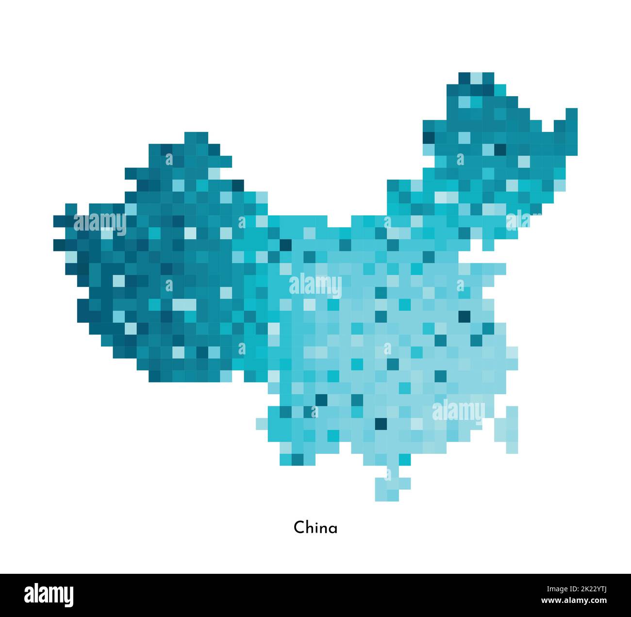Vektor isolierte geometrische Illustration mit vereinfachter eisblauer Silhouette der China-Karte. Pixel-Art-Stil für NFT-Vorlage. Gepunktetes Logo mit Farbverlauf Stock Vektor