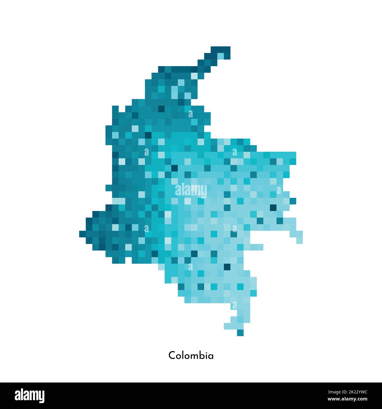 Vektor isolierte geometrische Illustration mit vereinfachter eisblauer Silhouette von Kolumbien Karte. Pixel-Art-Stil für NFT-Vorlage. Gepunktetes Logo mit Farbverläufen Stock Vektor