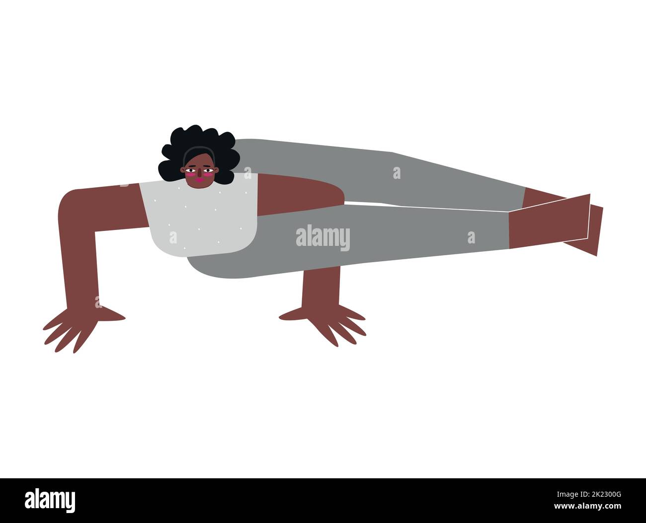 Vektor isolierte flache Konzept mit weiblichen afroamerikanischen Charakter. Sportliche Übung mit Arm Balance – Acht-Winkel-Pose. Starke Frau lernt Haltung Stock Vektor