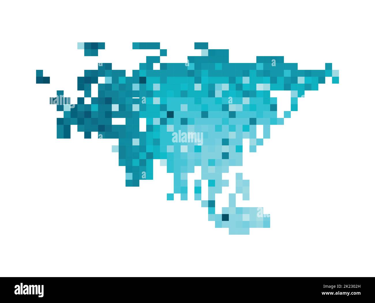 Vektor isolierte geometrische Illustration mit vereinfachter eisblauer Silhouette der Eurasien-Kontinente-Karte. Pixel-Art-Stil für NFT-Vorlage. Gepunktetes Logo mit Witz Stock Vektor