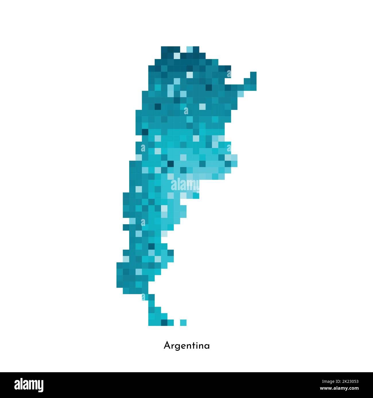 Vektor isolierte geometrische Illustration mit vereinfachter eisblauer Silhouette von Argentinien Karte. Pixel-Art-Stil für NFT-Vorlage. Gepunktetes Logo mit Farbverlauf Stock Vektor