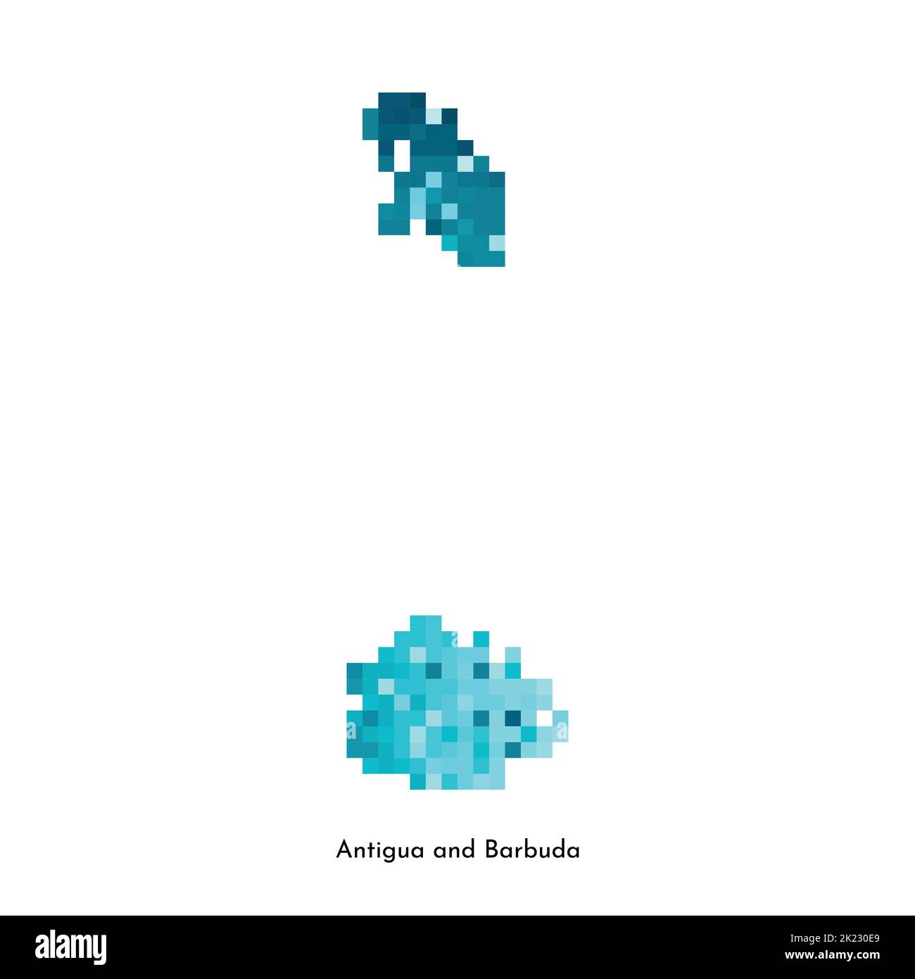 Vektor isolierte geometrische Illustration mit vereinfachter eisblauer Silhouette von Antigua und Barbuda Karte. Pixel-Art-Stil für NFT-Vorlage. Gepunktetes Logo mit Stock Vektor