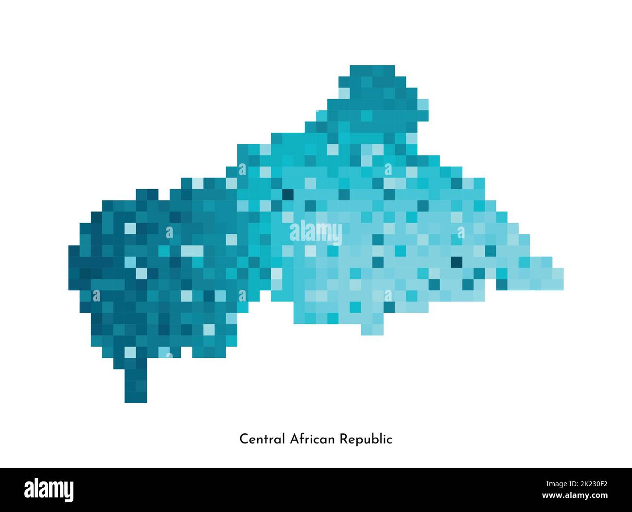 Vektor isolierte geometrische Illustration mit vereinfachter eisblauer Silhouette der Karte der Zentralafrikanischen Republik. Pixel-Art-Stil für NFT-Vorlage. Gepunktete l Stock Vektor