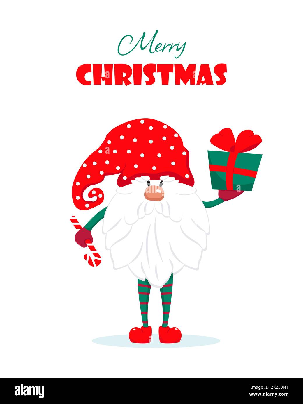 Weihnachtskarte mit einem niedlichen bärtigen Gnome. Winterurlaub Charakter. Vektorgrafik im flachen Stil. Frohe Weihnachten Stock Vektor