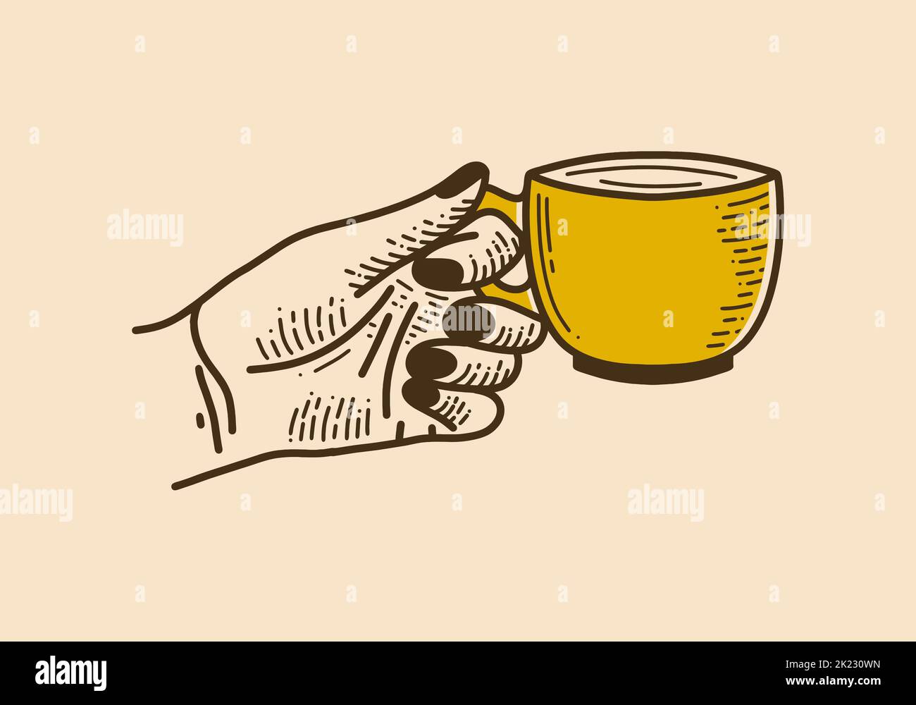 Hände halten Kaffee Tasse Retro Vintage Linie Kunst Design Stock Vektor