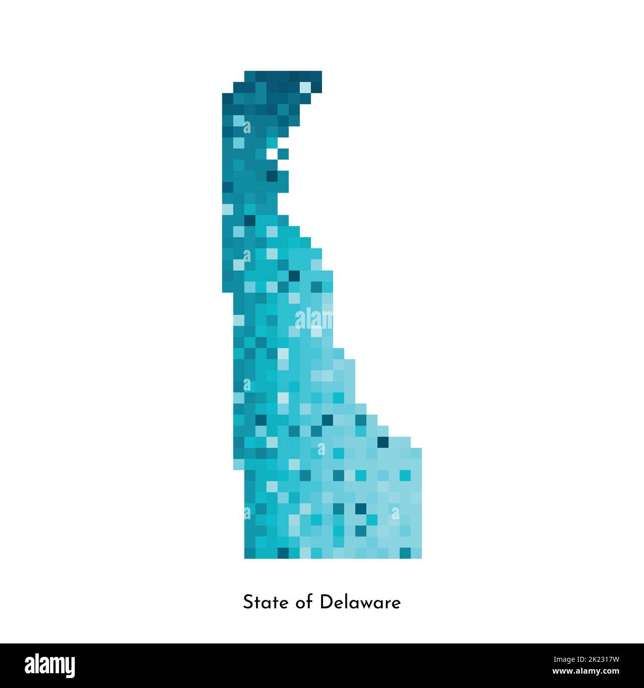 Vektor isolierte geometrische Illustration mit eisblauem Gebiet der USA - State of Delaware Karte. Pixel-Art-Stil für NFT-Vorlage. Einfaches buntes Logo mit Stock Vektor