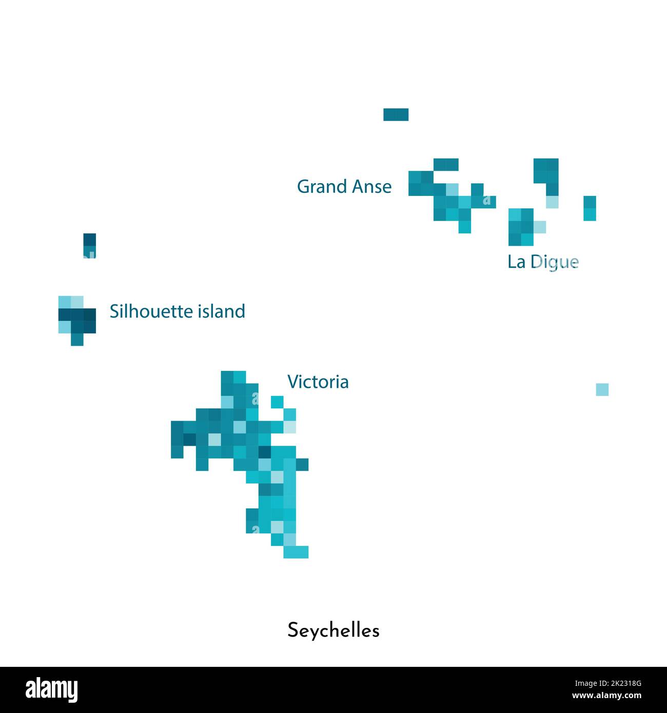 Vektor isolierte geometrische Illustration mit einfacher eisblauer Form der Seychellen Karte. Pixel-Art-Stil für NFT-Vorlage. Gepunktetes Logo mit verlaufsgradem Text Stock Vektor