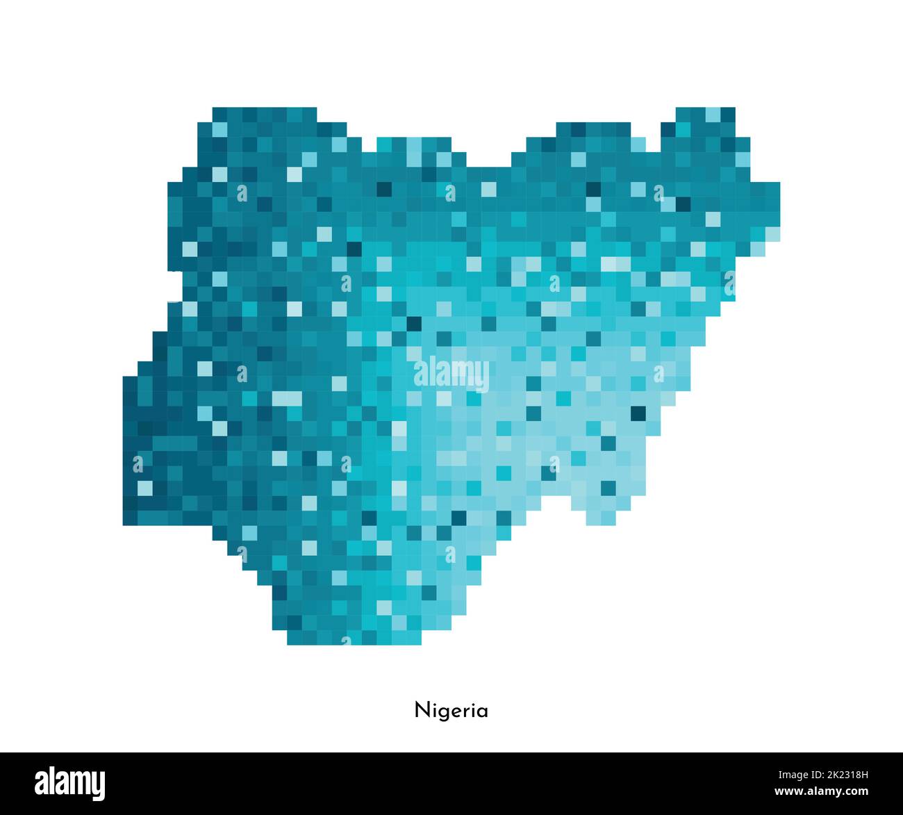Vektor isolierte geometrische Illustration mit vereinfachter eisblauer Silhouette der Nigeria Karte. Pixel-Art-Stil für NFT-Vorlage. Gepunktetes Logo mit Farbverlauf Stock Vektor