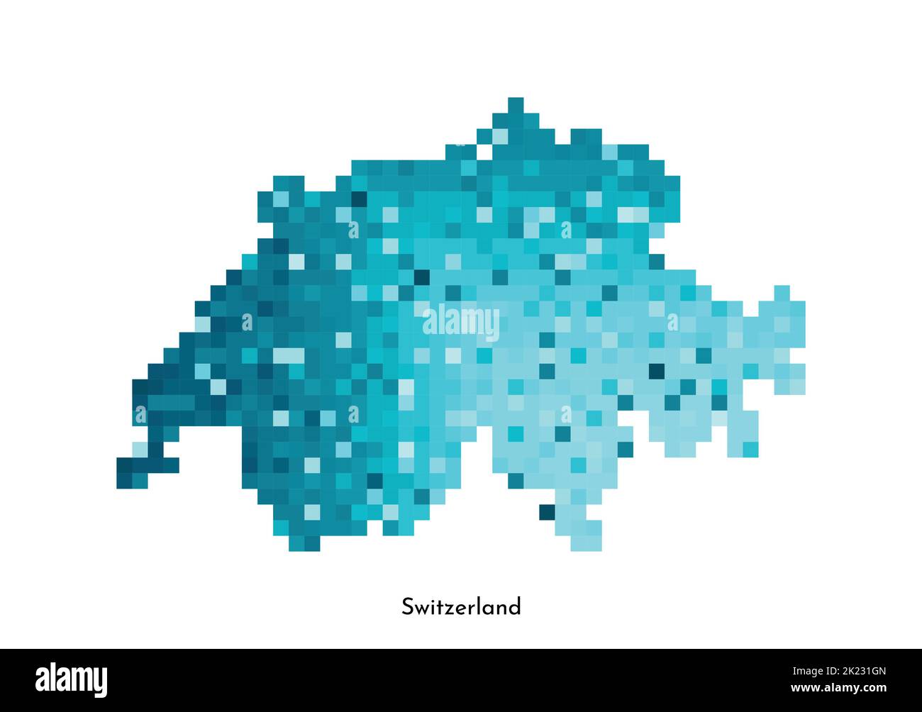 Vektor isolierte geometrische Illustration mit einfacher eisblauer Form der Schweiz Karte. Pixel-Art-Stil für NFT-Vorlage. Gepunktetes Logo mit Verlaufstext Stock Vektor