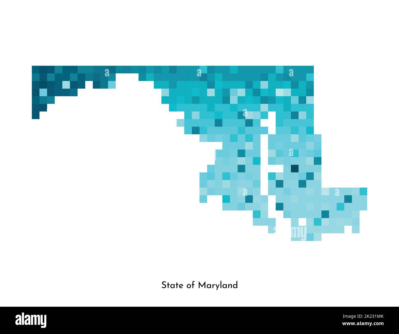Vektor isolierte geometrische Illustration mit eisblauen Bereich der USA - State of Maryland Karte. Pixel-Art-Stil für NFT-Vorlage. Einfaches buntes Logo mit Stock Vektor