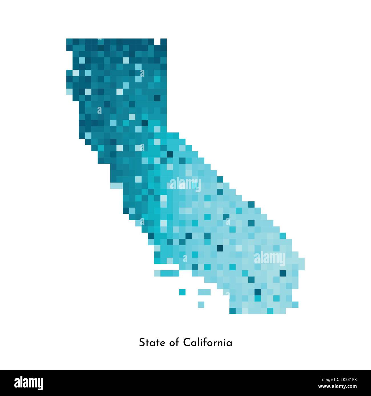 Vektor isolierte geometrische Illustration mit eisblauen Bereich der USA - State of California Karte. Pixel-Art-Stil für NFT-Vorlage. Einfaches buntes Logo mit Witz Stock Vektor