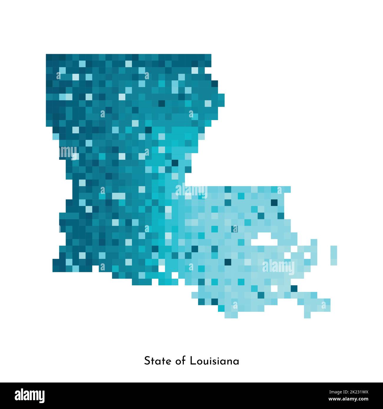 Vektor isolierte geometrische Illustration mit eisblauem Gebiet der USA - State of Louisiana Karte. Pixel-Art-Stil für NFT-Vorlage. Einfaches buntes Logo mit Stock Vektor