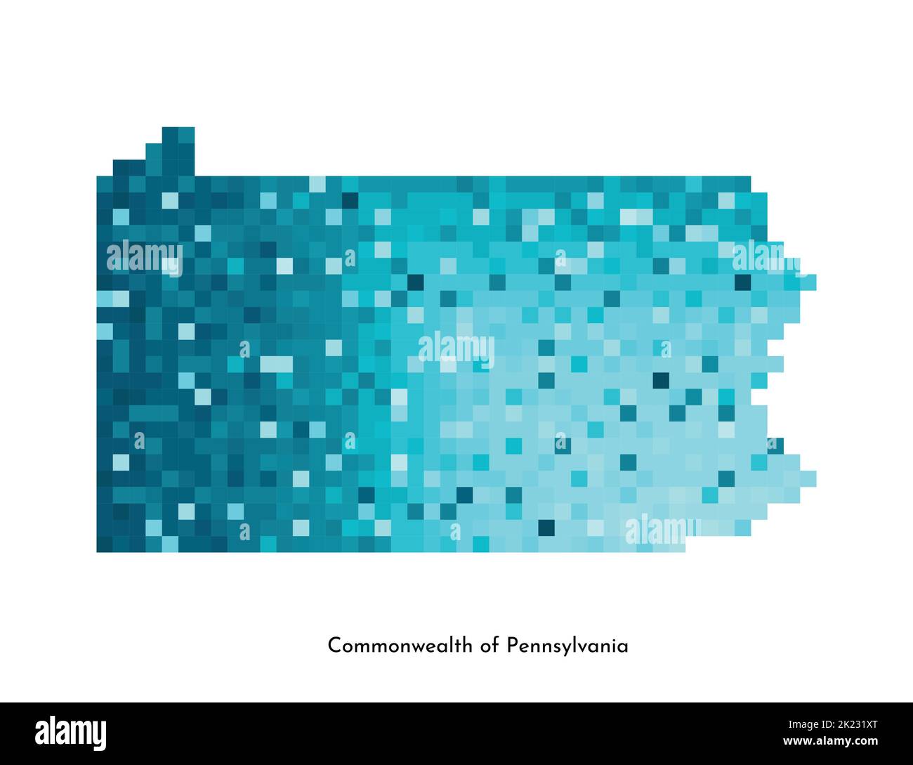 Vektor isolierte geometrische Illustration mit eisig blauen USA Staat - Commonwealth of Pennsylvania Karte. Pixel-Art-Stil für NFT-Vorlage. Einfache bunte l Stock Vektor