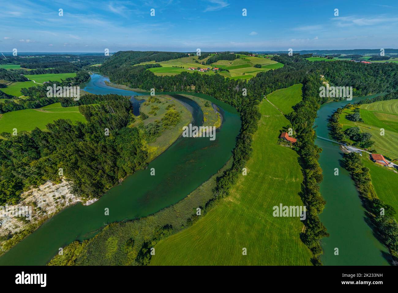 Luftaufnahme zur spektakulären Iller-Durchbruche bei Altusried im bayerischen Allgäu Stockfoto