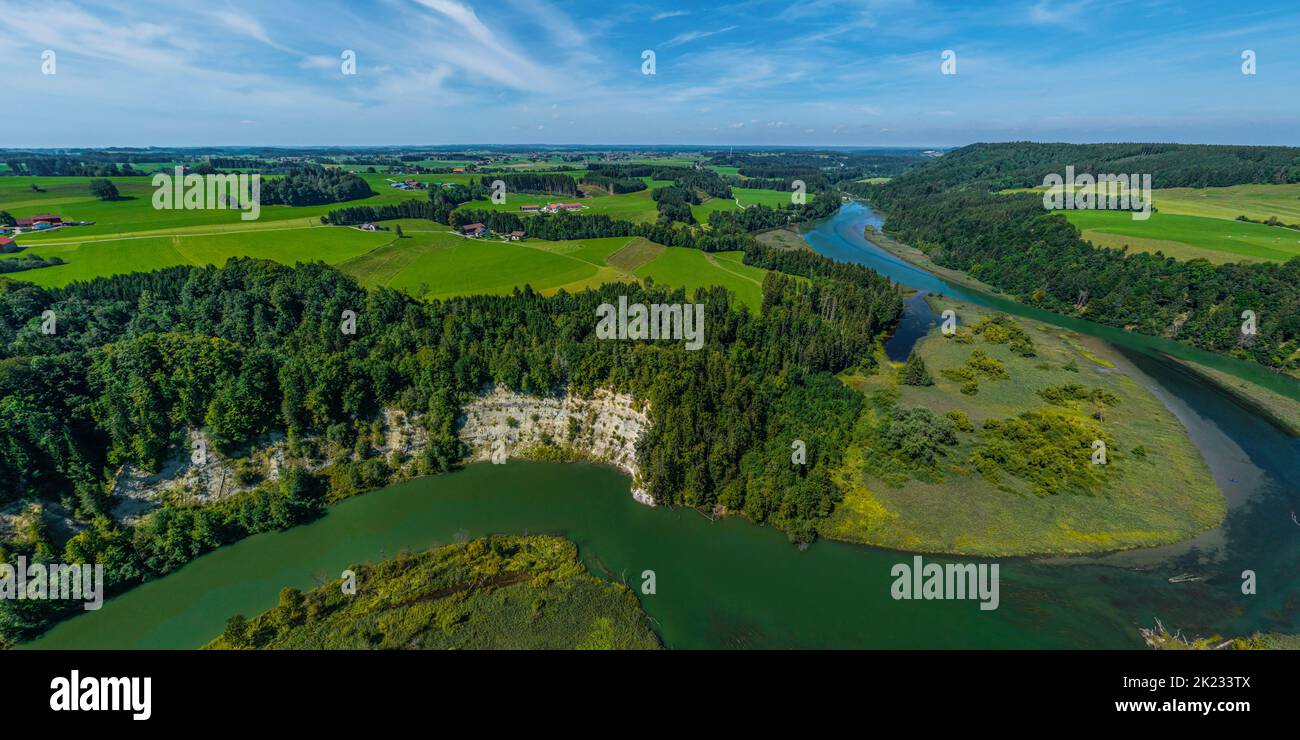 Luftaufnahme zur spektakulären Iller-Durchbruche bei Altusried im bayerischen Allgäu Stockfoto