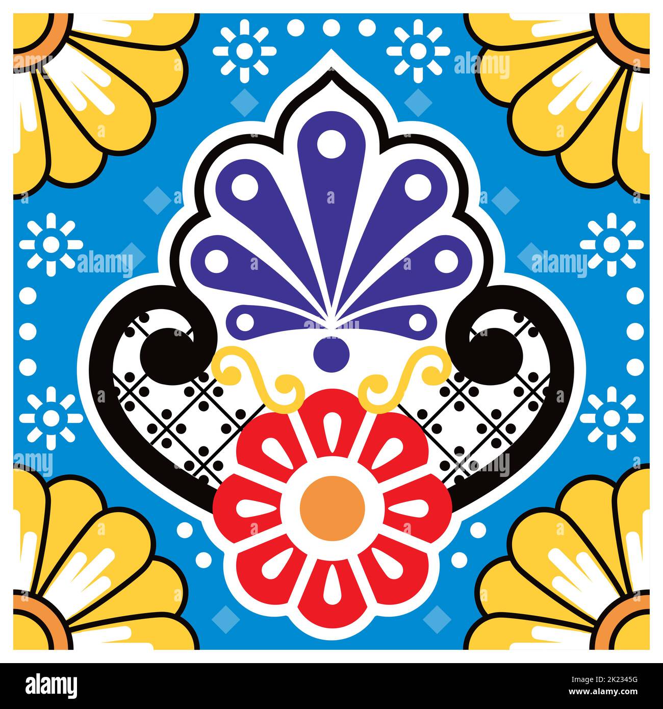 Nahtloses Vektor-Muster aus Mexiko – Dekor mit einzelnen Fliesen, inspiriert von der Volkskunst aus Mexiko, mit Blumen und dekorativem Design Stock Vektor