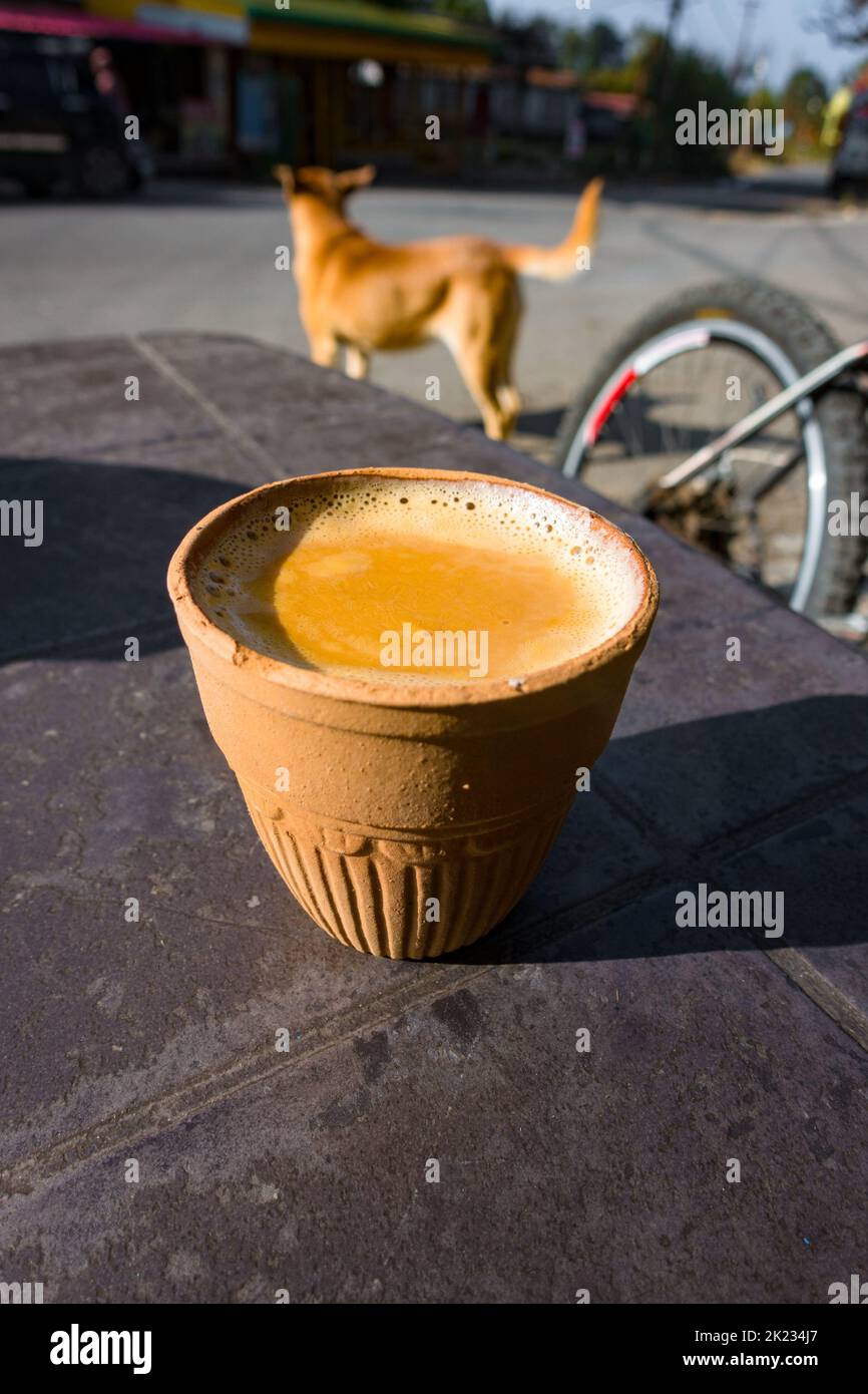 Heißer indischer Gewürztee, serviert in einem traditionellen Tonkrug namens Kulhad mit India Pariah streunenden Hund im Hintergrund. Teeläden am Straßenrand im Freien i Stockfoto