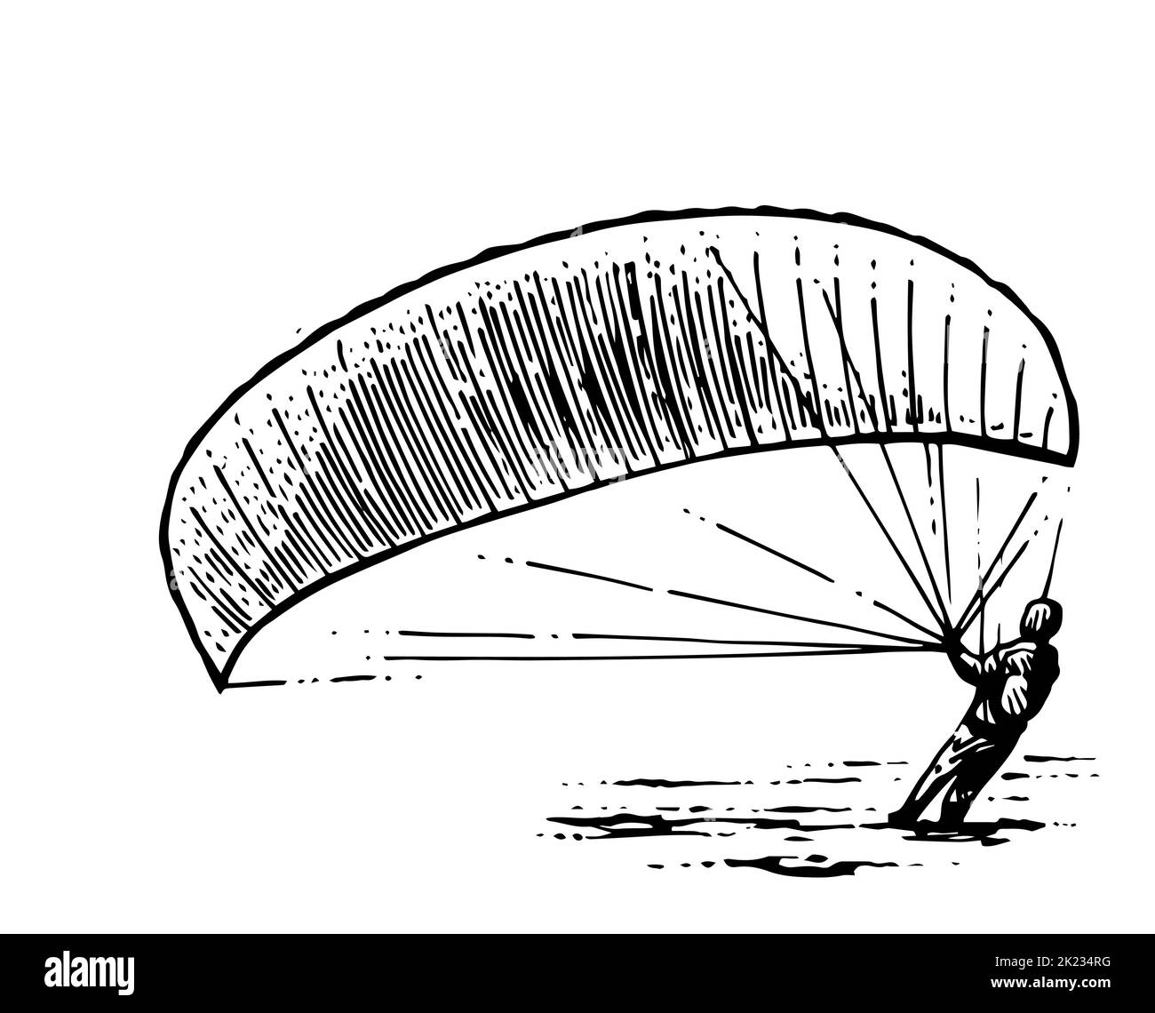 Gleitschirmflieger parachutist Vorbereitung zum Start. Gleitschirm mit Fallschirm. Air Extremsport. Kontrollierter Höhenflug. Handgezeichnete Umrissskizze. Iso Stock Vektor
