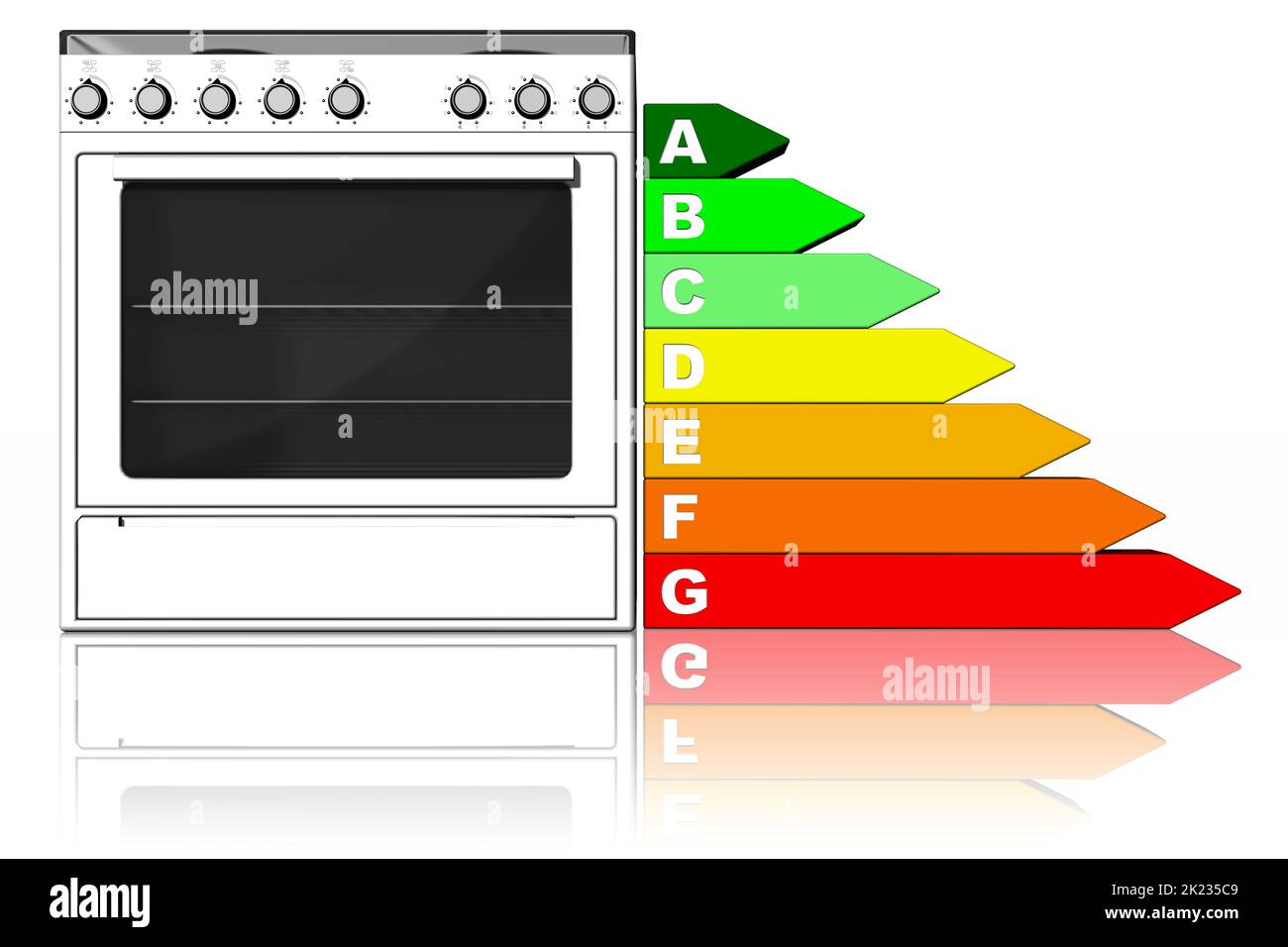 3D Abbildung. Geräte: Herd, Küche mit flankierten Symbol der Energieeinsparung. Stockfoto
