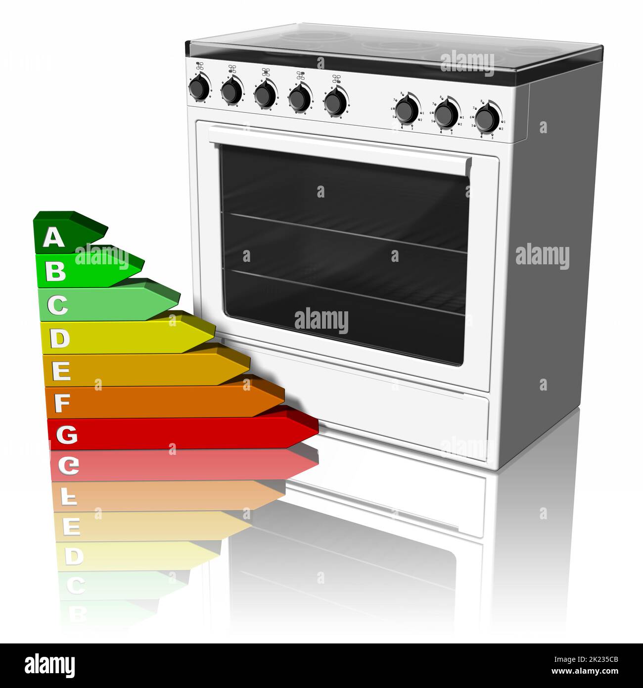 3D Abbildung. Geräte: Herd, Küche mit flankierten Symbol der Energieeinsparung. Stockfoto