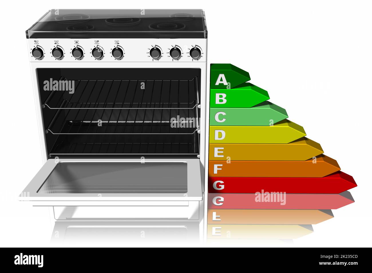 3D Abbildung. Geräte: Herd, Küche mit flankierten Symbol der Energieeinsparung. Stockfoto