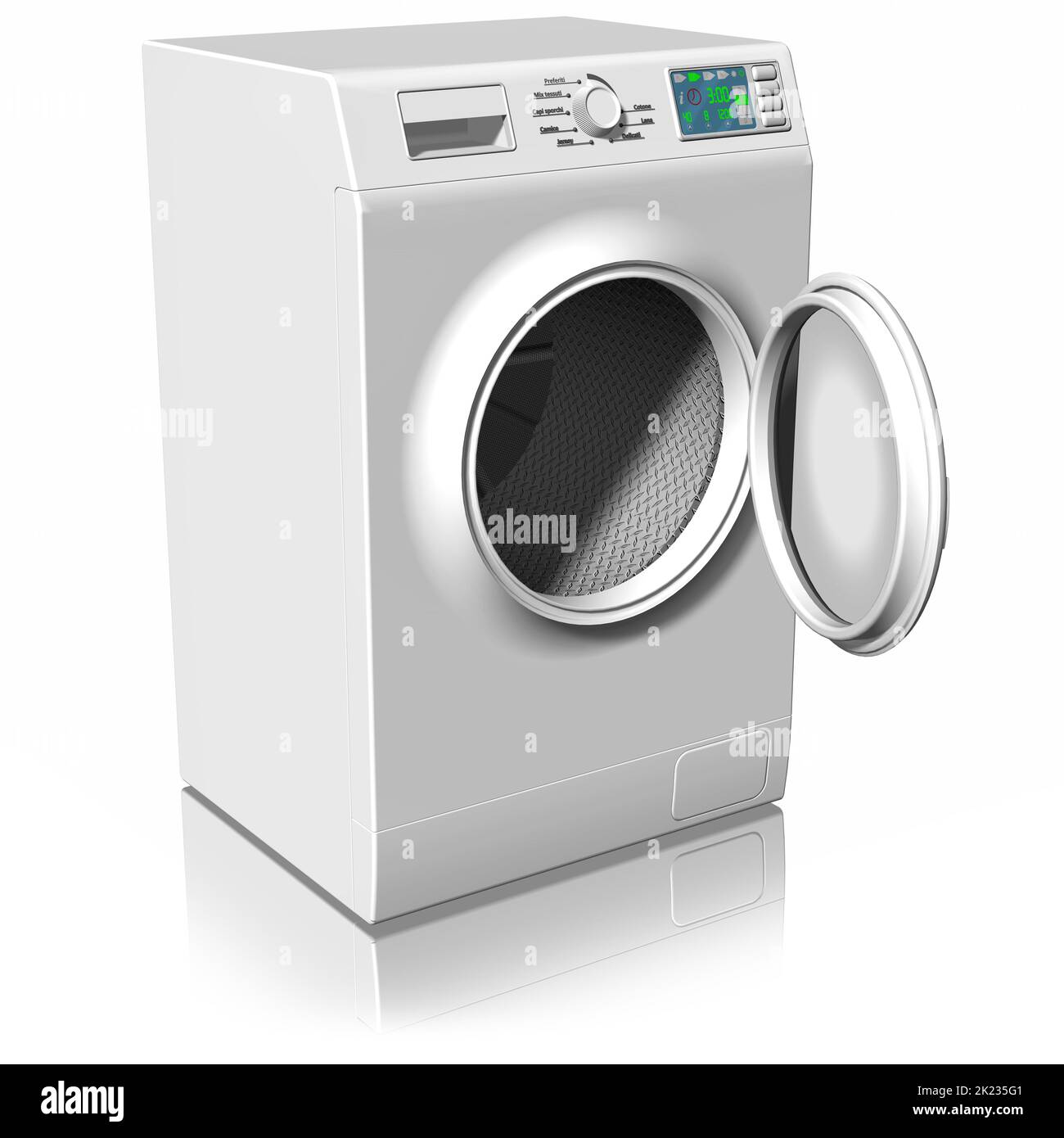 3D Abbildung. Geräte. Waschmaschine auf weißem Hintergrund isoliert. Stockfoto